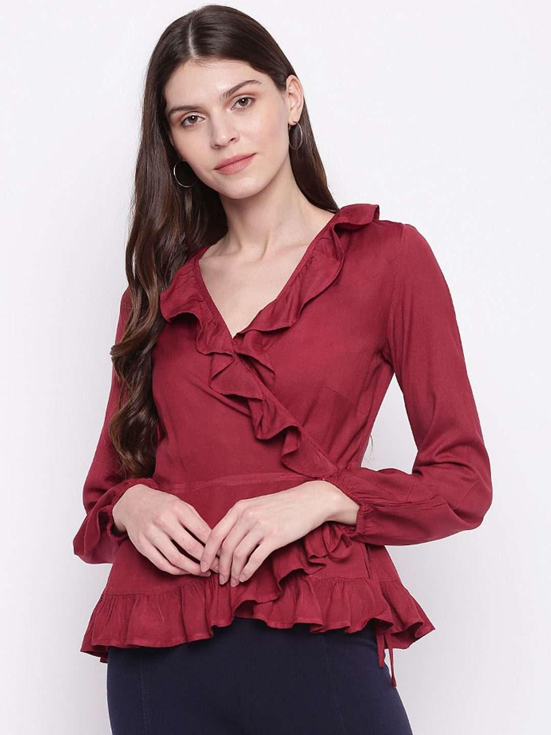 Mayra Women Maroon Solid Ruffle Wrap Top