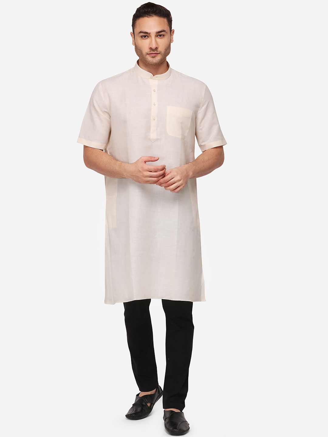 JADE BLUE Men Beige Solid Straight Modi Kurta