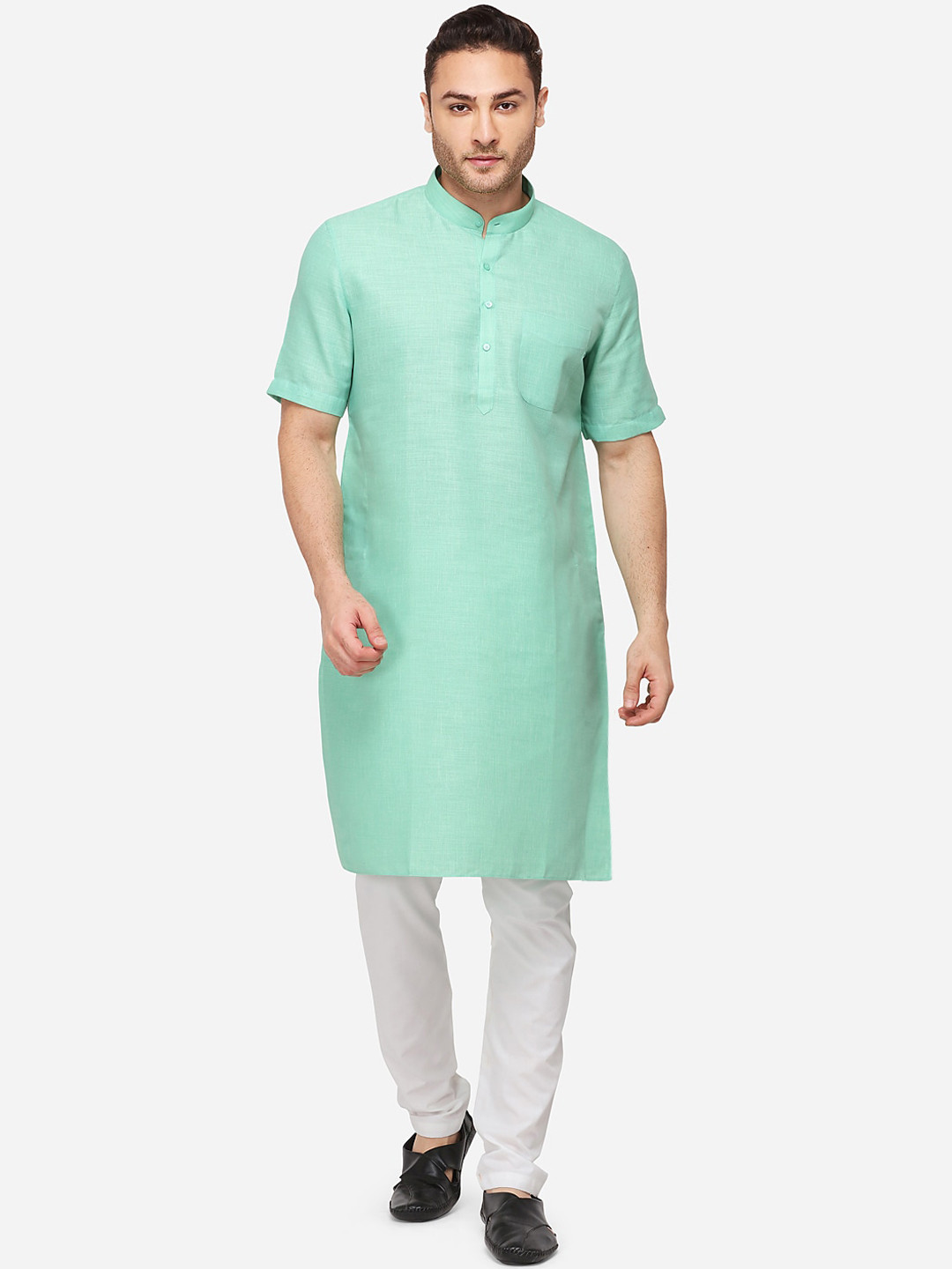 JADE BLUE Men Green Solid Straight Modi Kurta