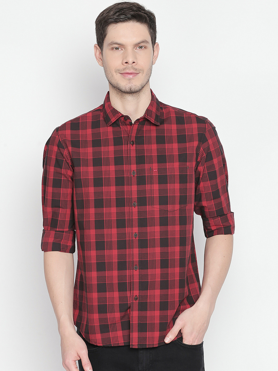 Basics Men Red & Brown Slim Fit Checked Casual Shirt