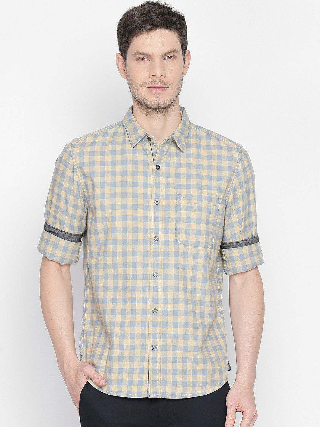Basics Men Beige & Grey Slim Fit Checked Casual Shirt