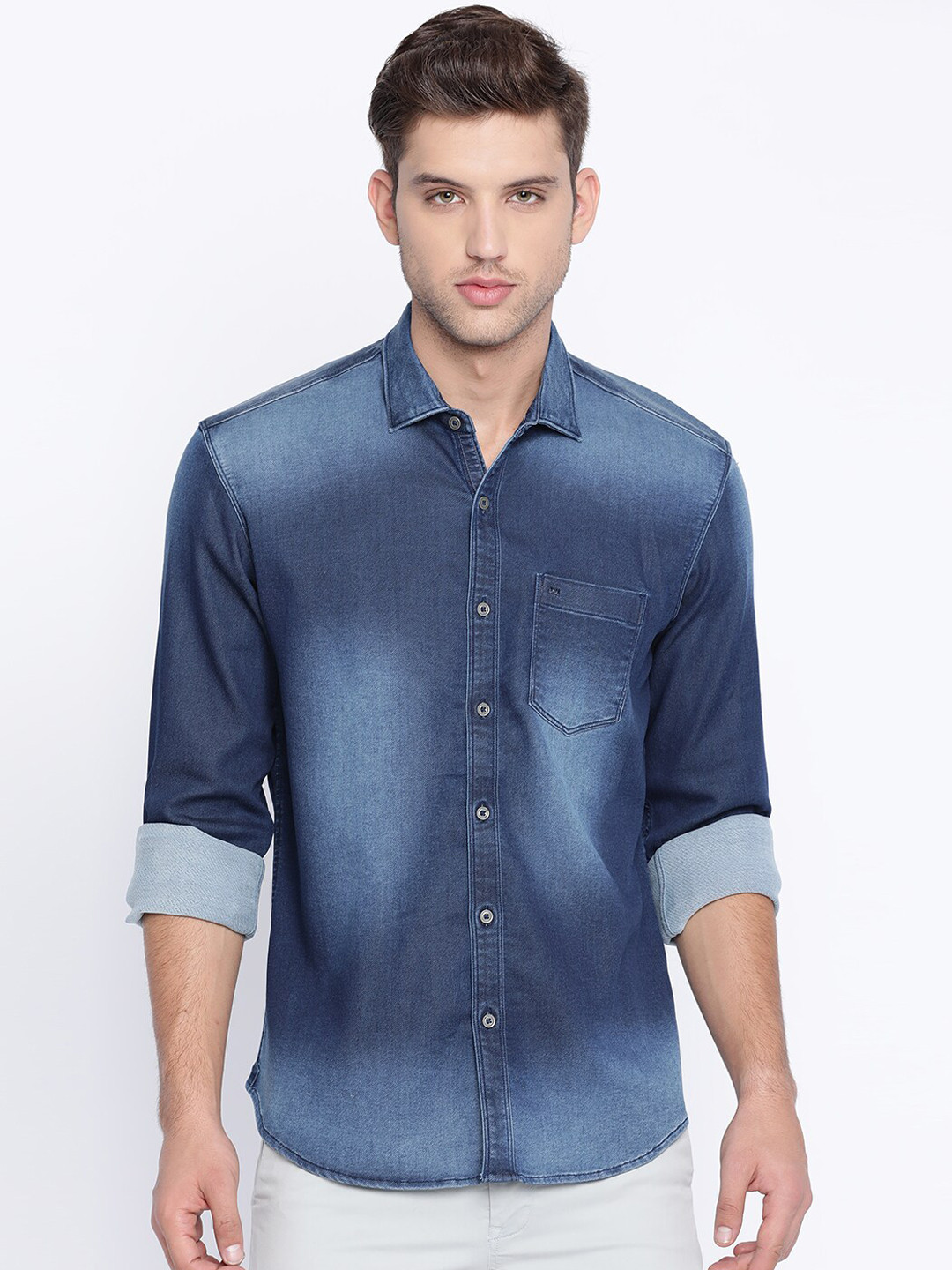 Basics Men Blue Slim Fit Faded Casual Shirt