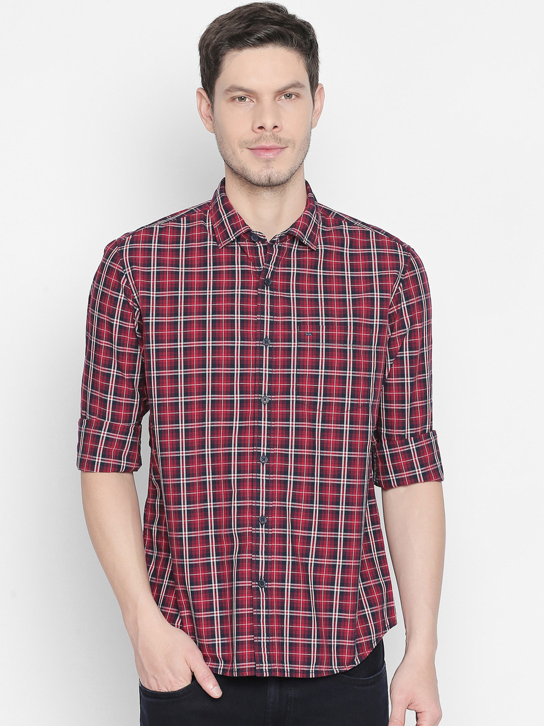 Basics Men Red & Blue Slim Fit Checked Casual Shirt