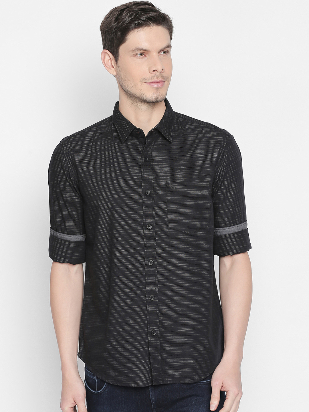 Basics Men Black & White Slim Fit Self Design Casual Shirt