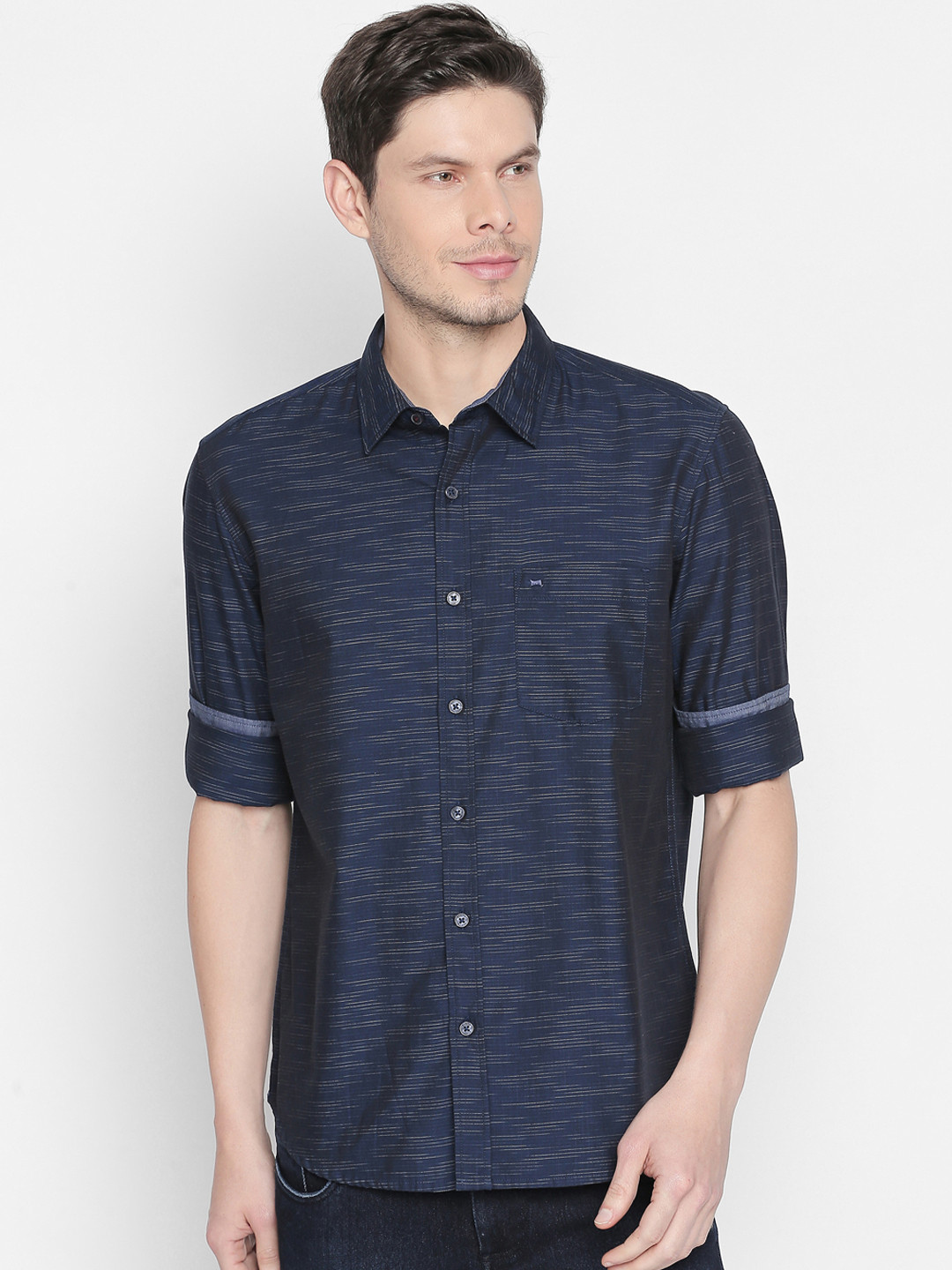 Basics Men Navy Blue Slim Fit Self Design Casual Shirt