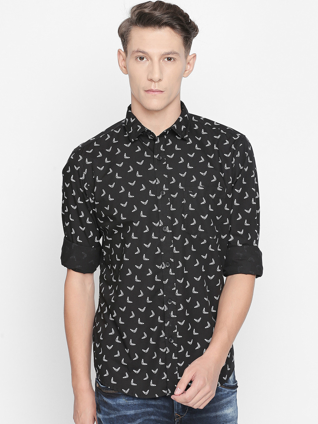 Basics Men Black Slim Fit Printed Casual Shirt