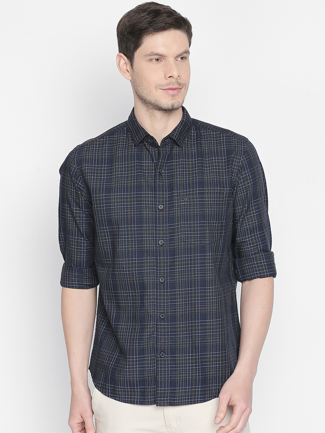 Basics Men Navy Blue & Black Slim Fit Checked Casual Shirt