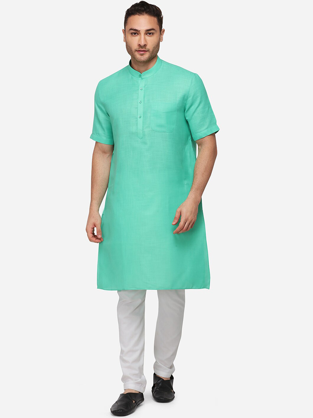 JADE BLUE Men Green Solid Straight Modi Kurta