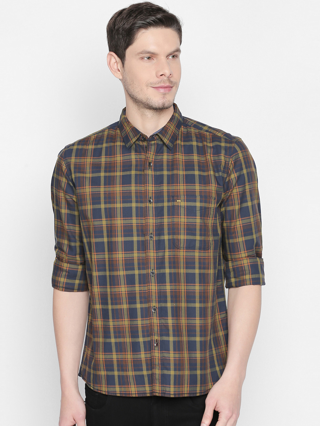 Basics Men Green & Brown Slim Fit Checked Casual Shirt