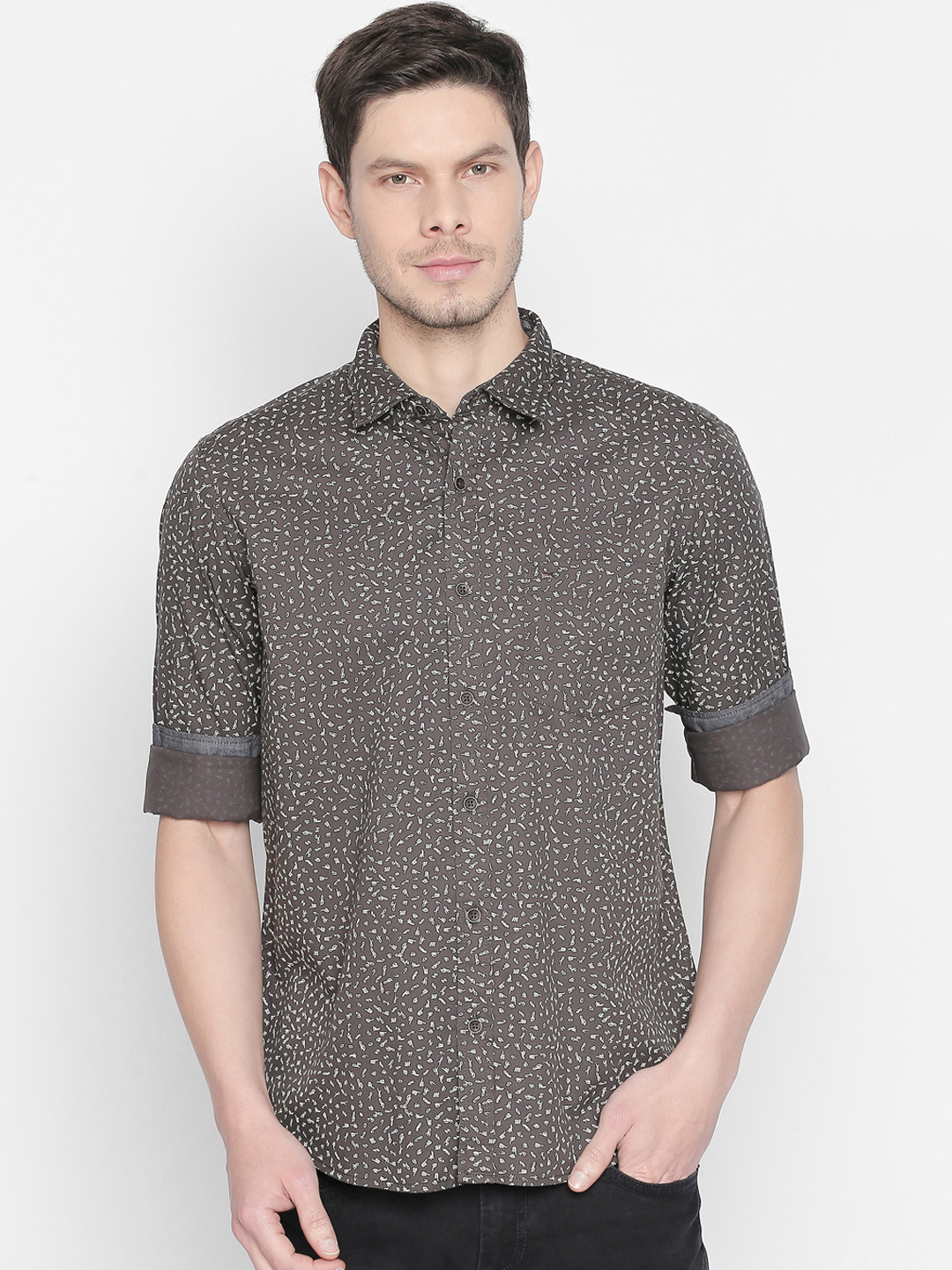 Basics Men Brown Slim Fit Printed Casual Shirt