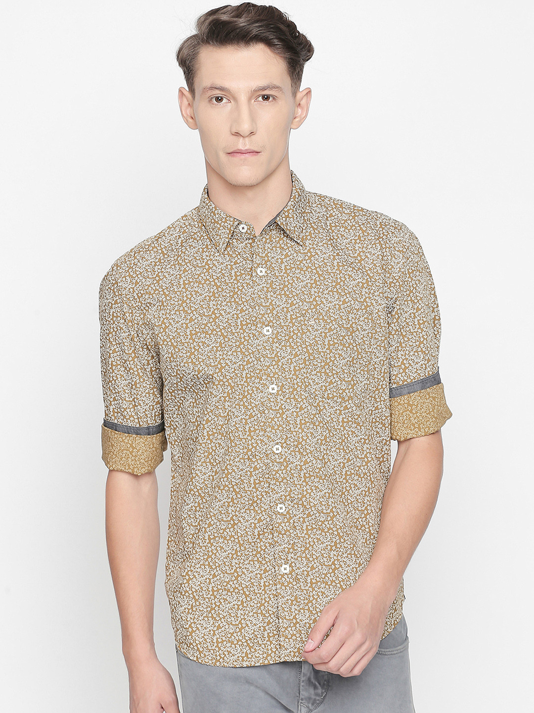 Basics Men Khaki Slim Fit Printed Casual Shirt