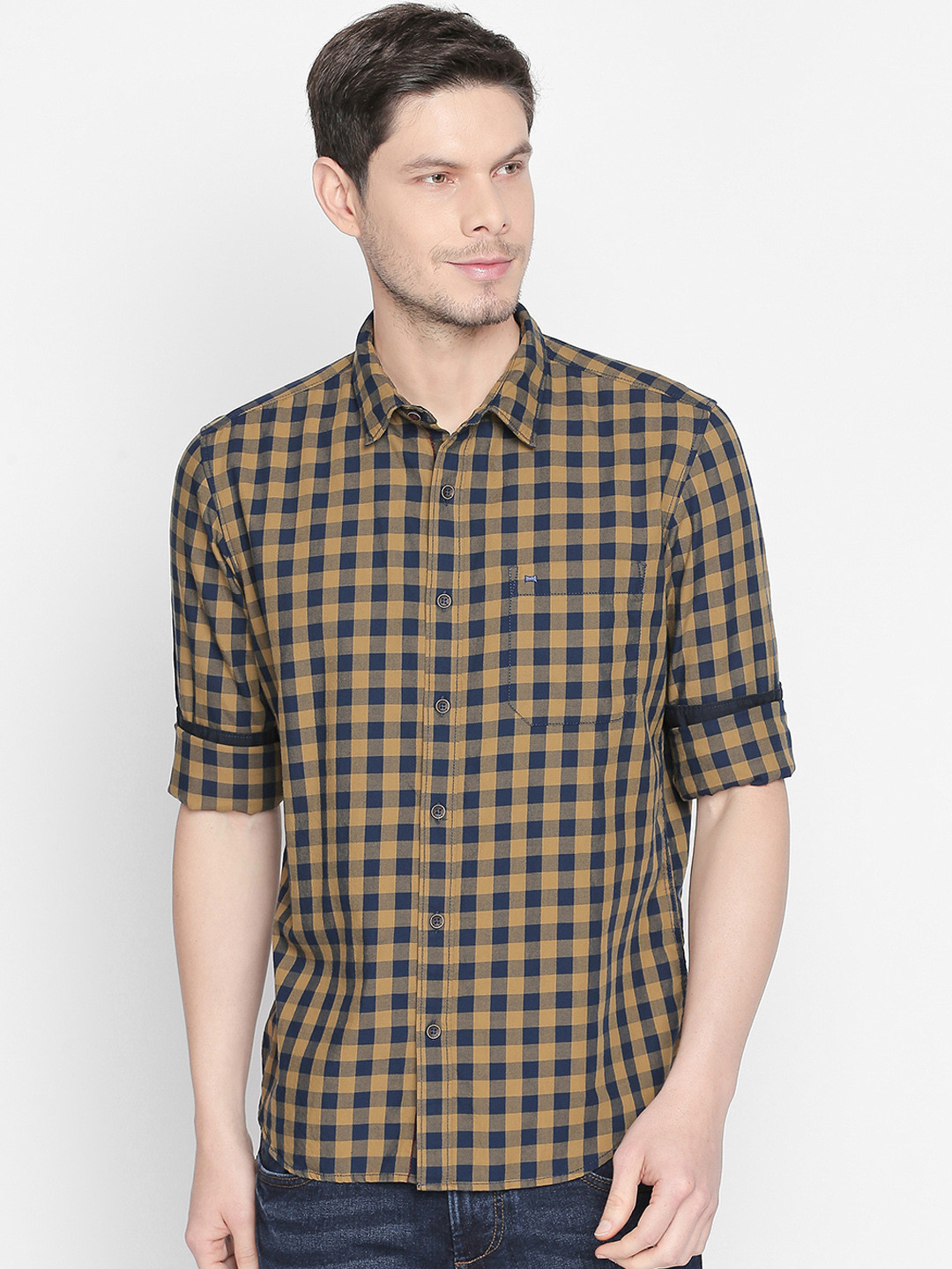 Basics Men Olive Green & Blue Slim Fit Checked Casual Shirt