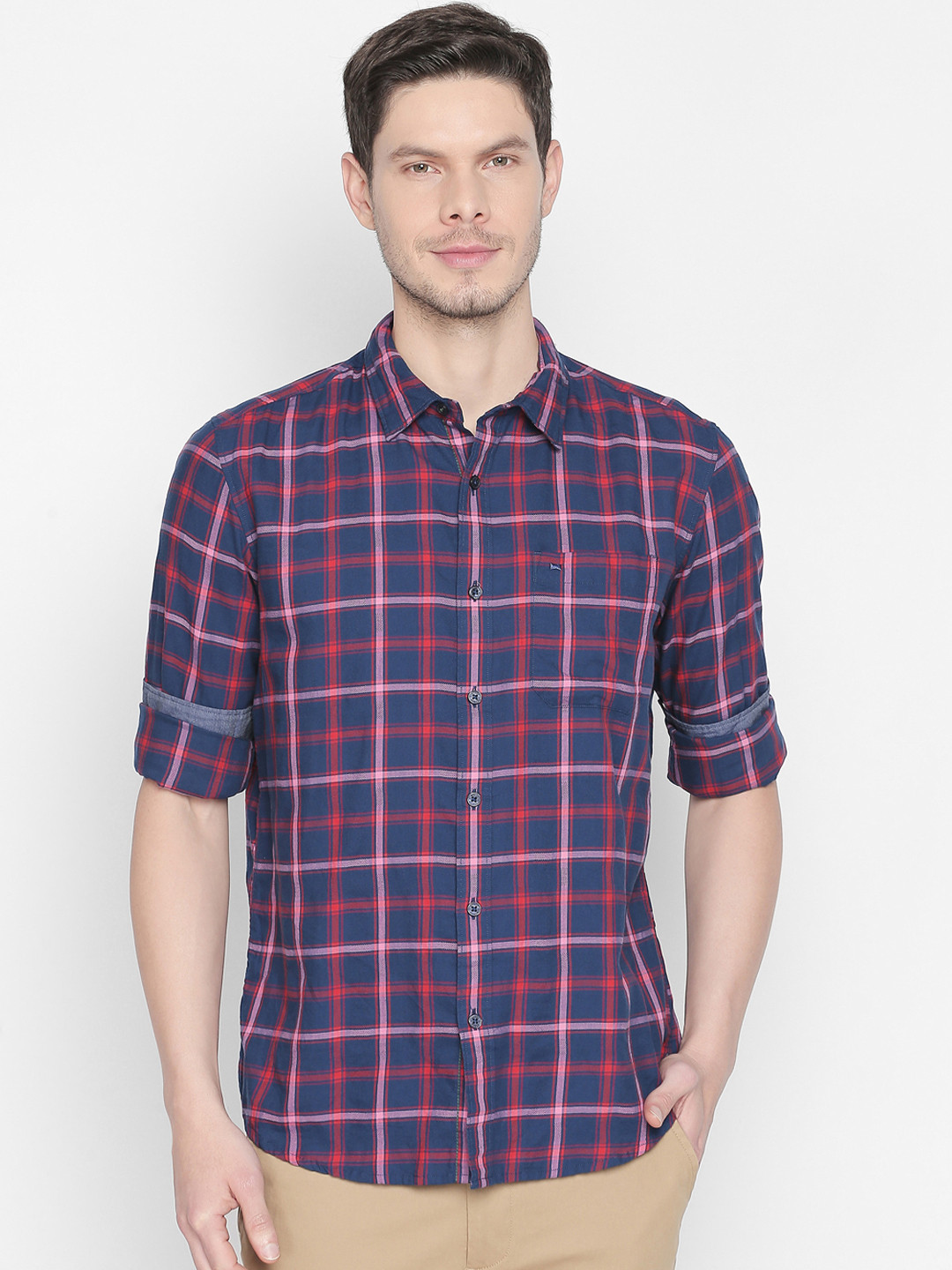 Basics Men Red & Blue Slim Fit Checked Casual Shirt