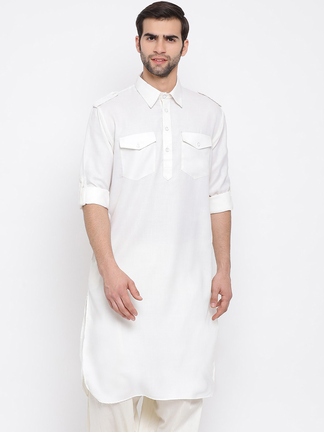 VASTRAMAY Men Off-White Solid Pathani Kurta