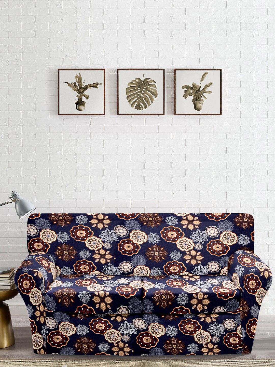 Cortina Navy blue & Beige Printed 2-Seater Stretchable Non-Slip Sofa Slipcover