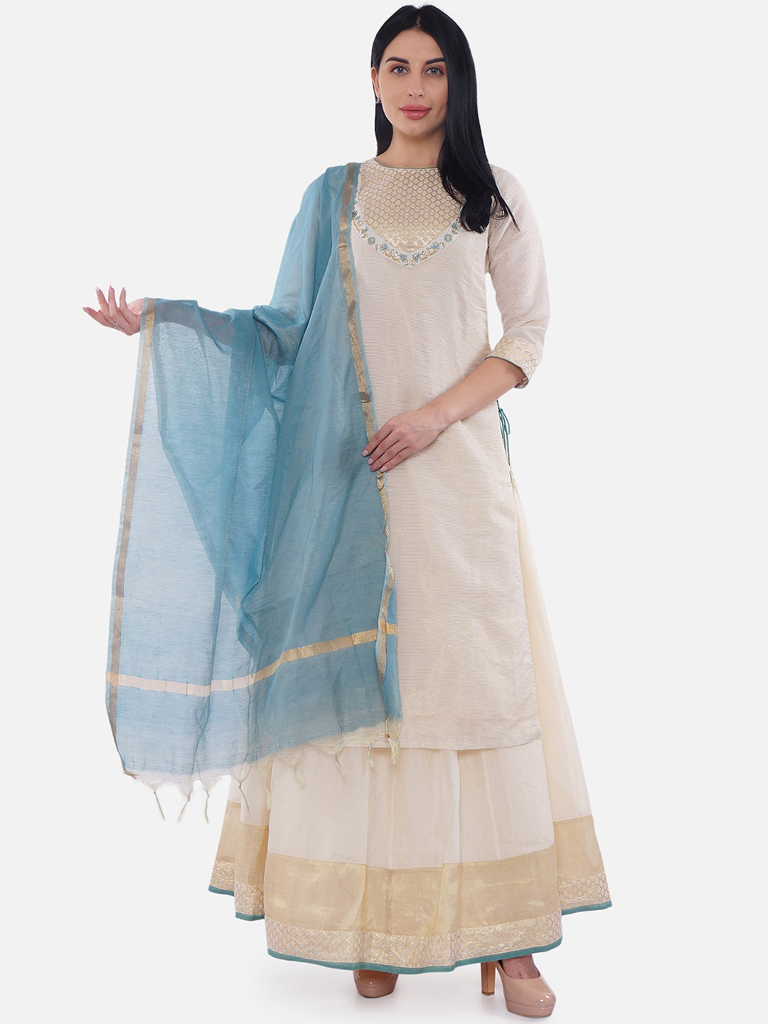 Be Indi Women Off-White & Blue Embroidered Kurta with Skirt & Dupatta