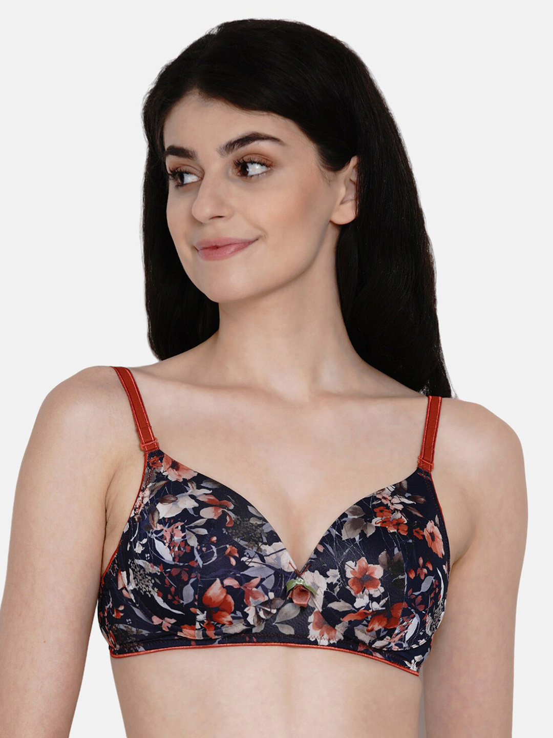 Enamor Women Black Print Padded Non-Wired High Coverage T-Shirt Bra With Detachable Straps
