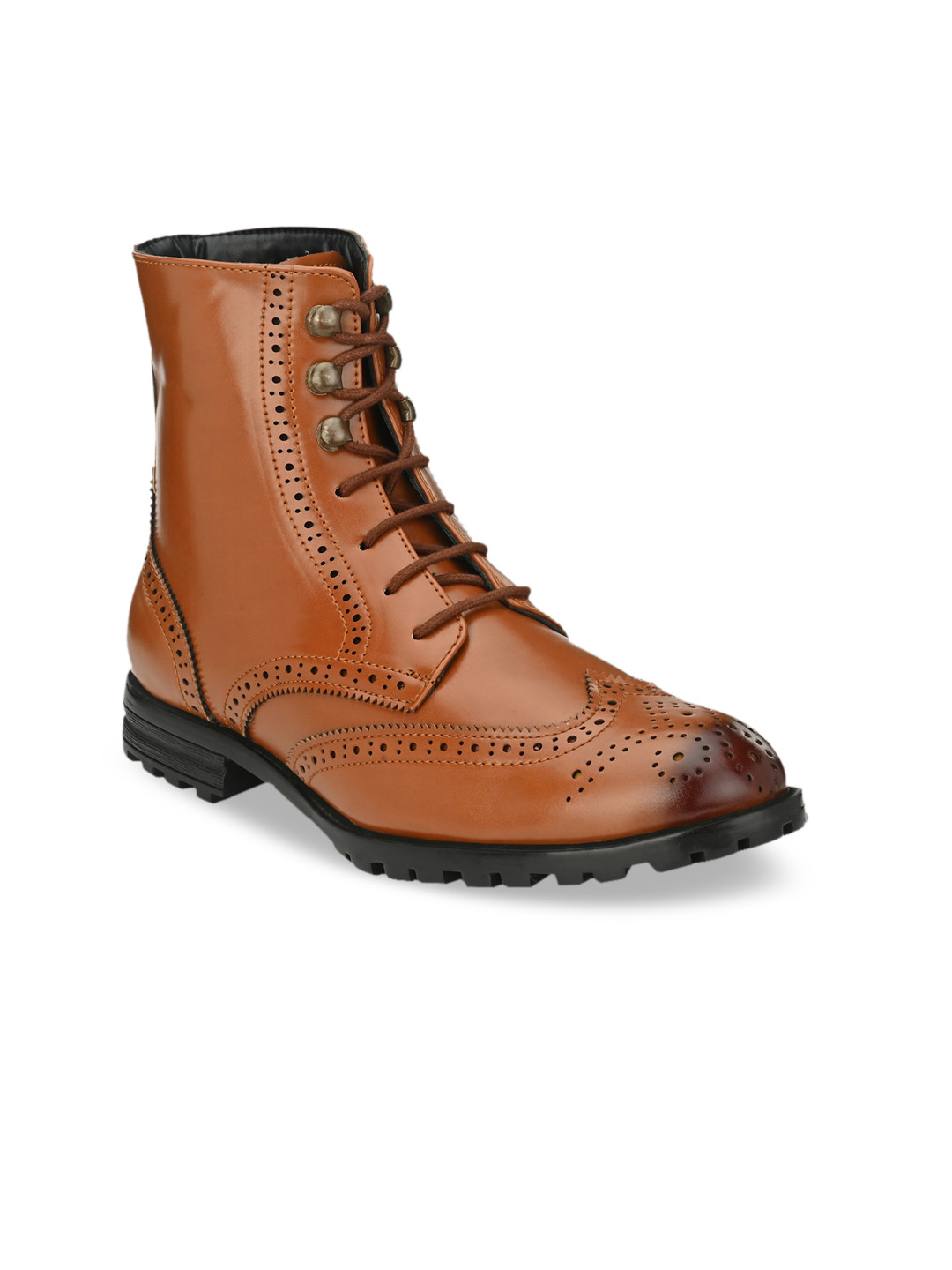 Hirels Men Tan-Brown Perforations PU High-Top Brogue Boots