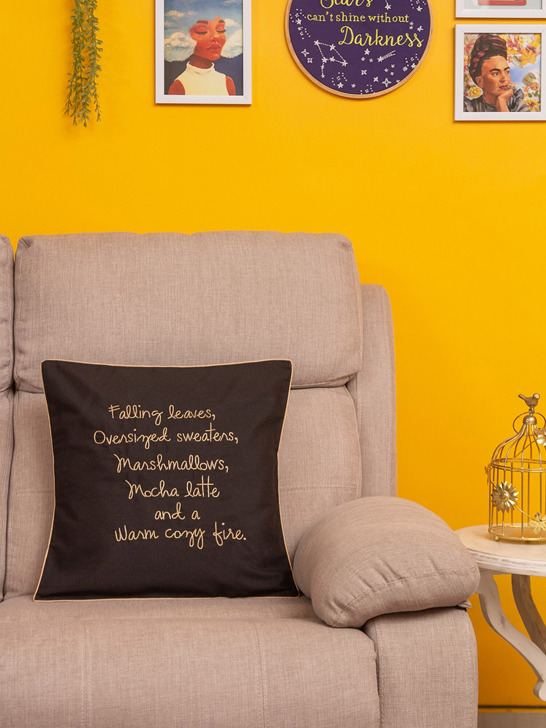 BandBox WINTER LOVE Black Typography Cotton Washable Square Cushion Cover -16x16In