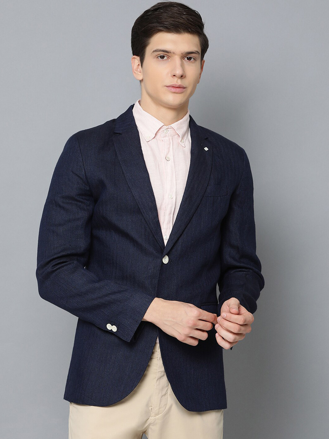 GANT Men Navy Blue Self-Design Linen Single-Breasted Casual Blazer