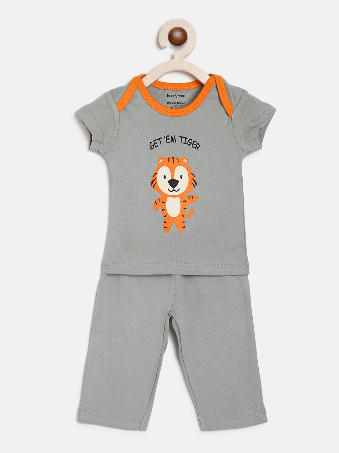 berrytree Unisex Infant Kids Grey & Orange Printed Organic Cotton Sustainable Night suit