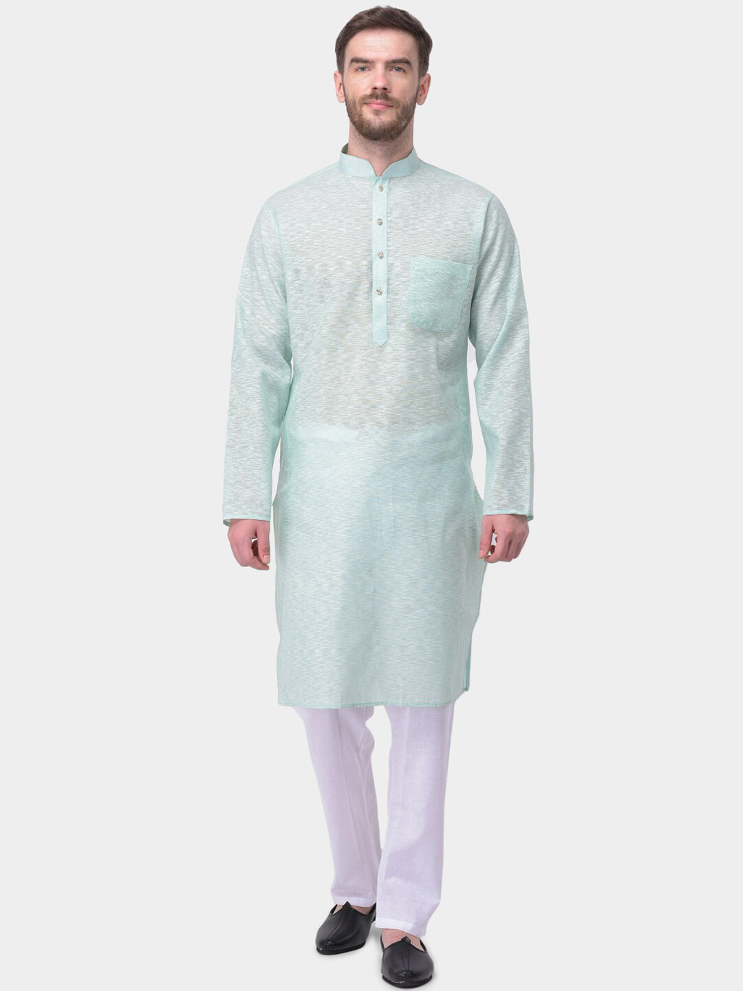 SG LEMAN Men Sea Green & White Solid Kurta with Pyjamas