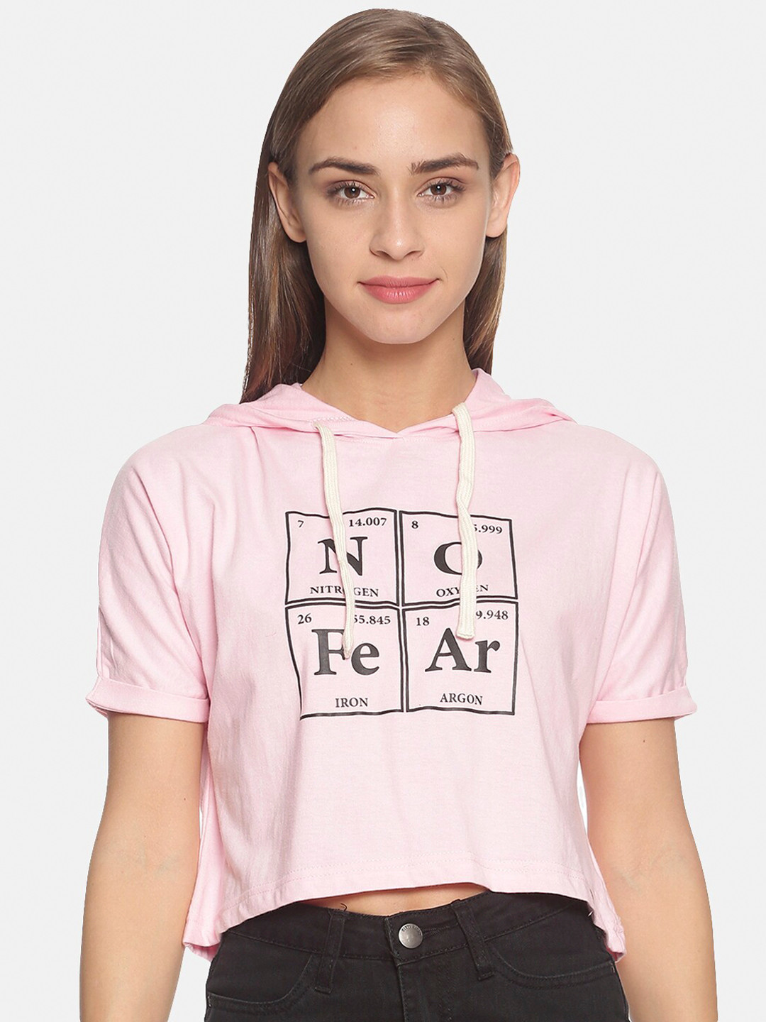 Campus Sutra Women Pink Printed Hooded Crop Knitted Pure Cotton Top