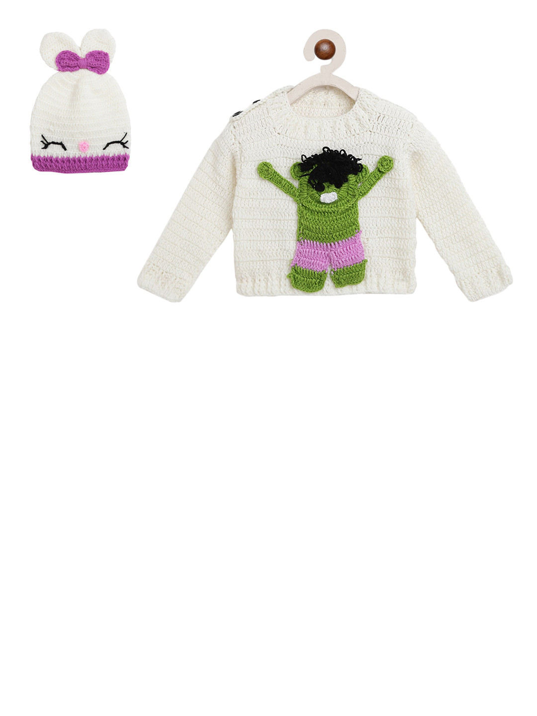 CHUTPUT Infants Cream-Coloured Embroidered Pullover Sweater With Beanie Cap