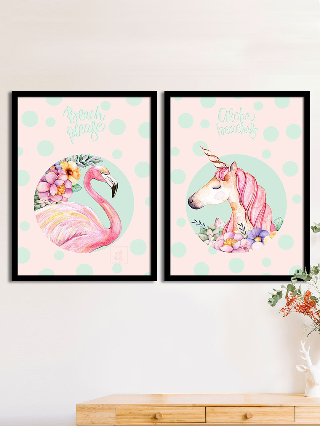 Art Street Set Of 2 Pink & Sea Green Flamingo & Unicorn Matte Printed Wall Arts