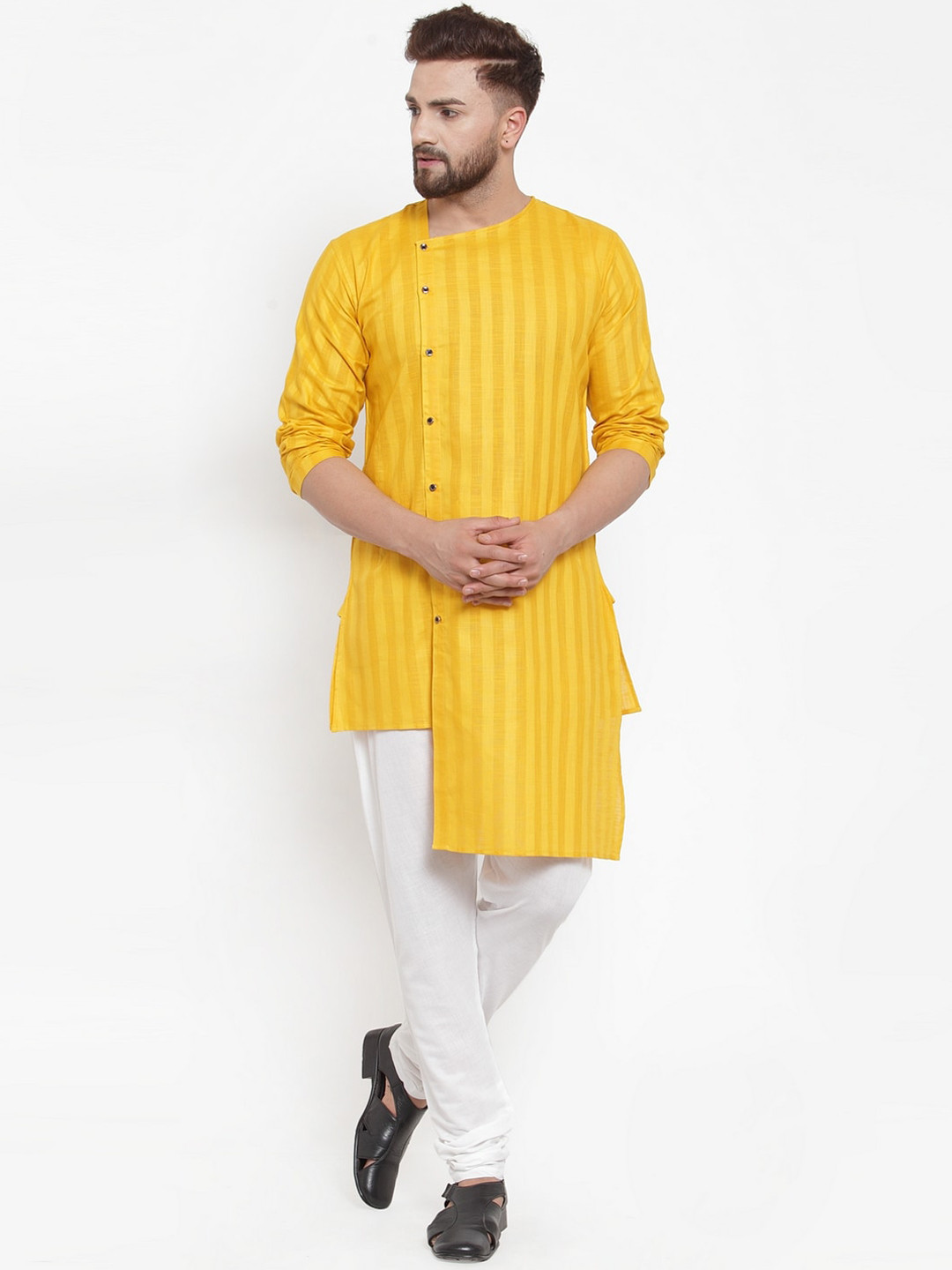 KLOTTHE Men Yellow & White Striped Kurta with Churidar Pyjamas