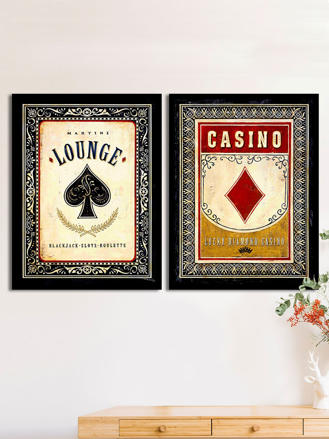 Art Street Set Of 2 Black & Red Lounge & Casino Matte Printed Wall Arts
