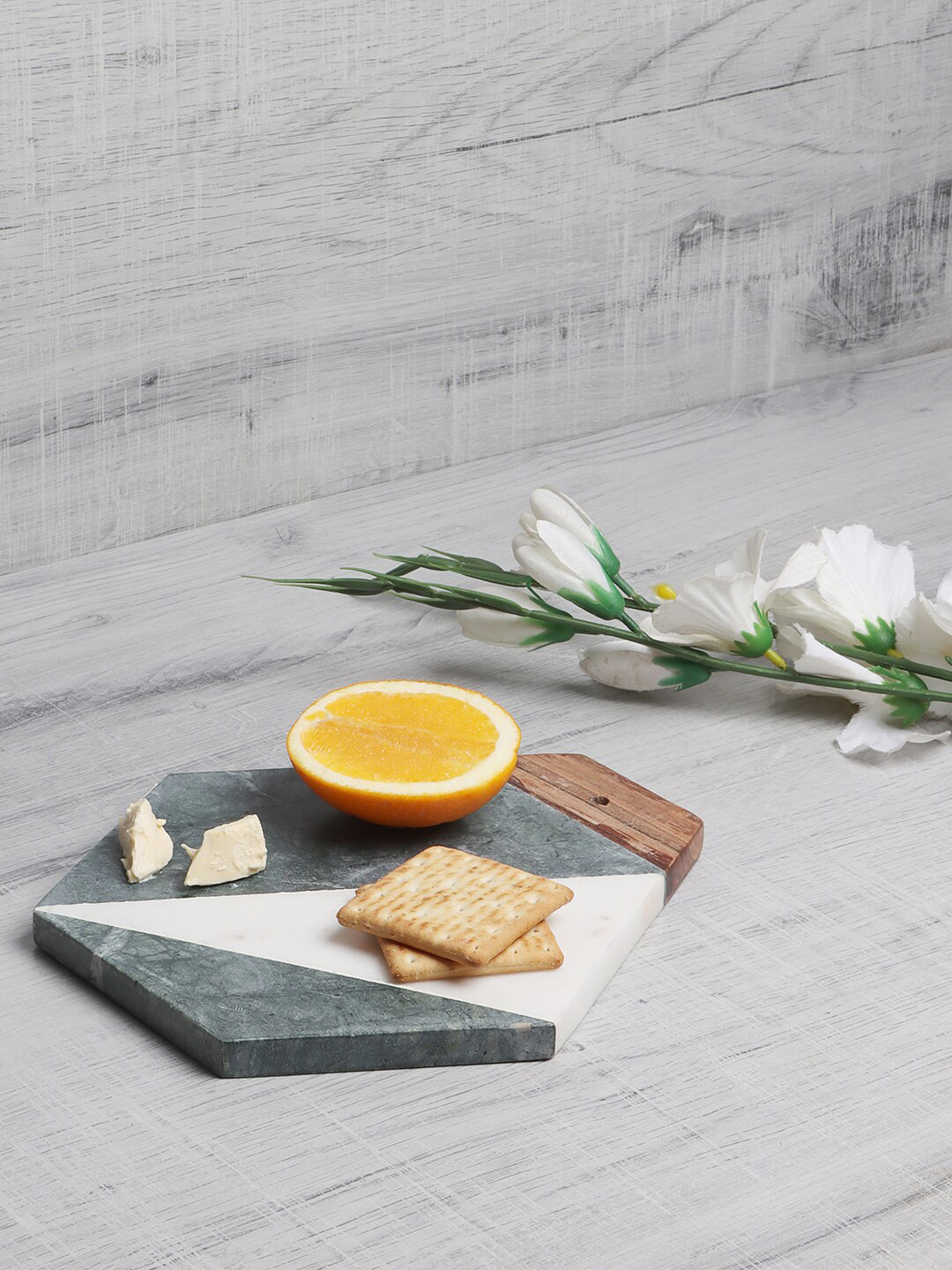 NikkisPride White & Grey Handmade Marble & Wooden Cheese Board Serving Platter