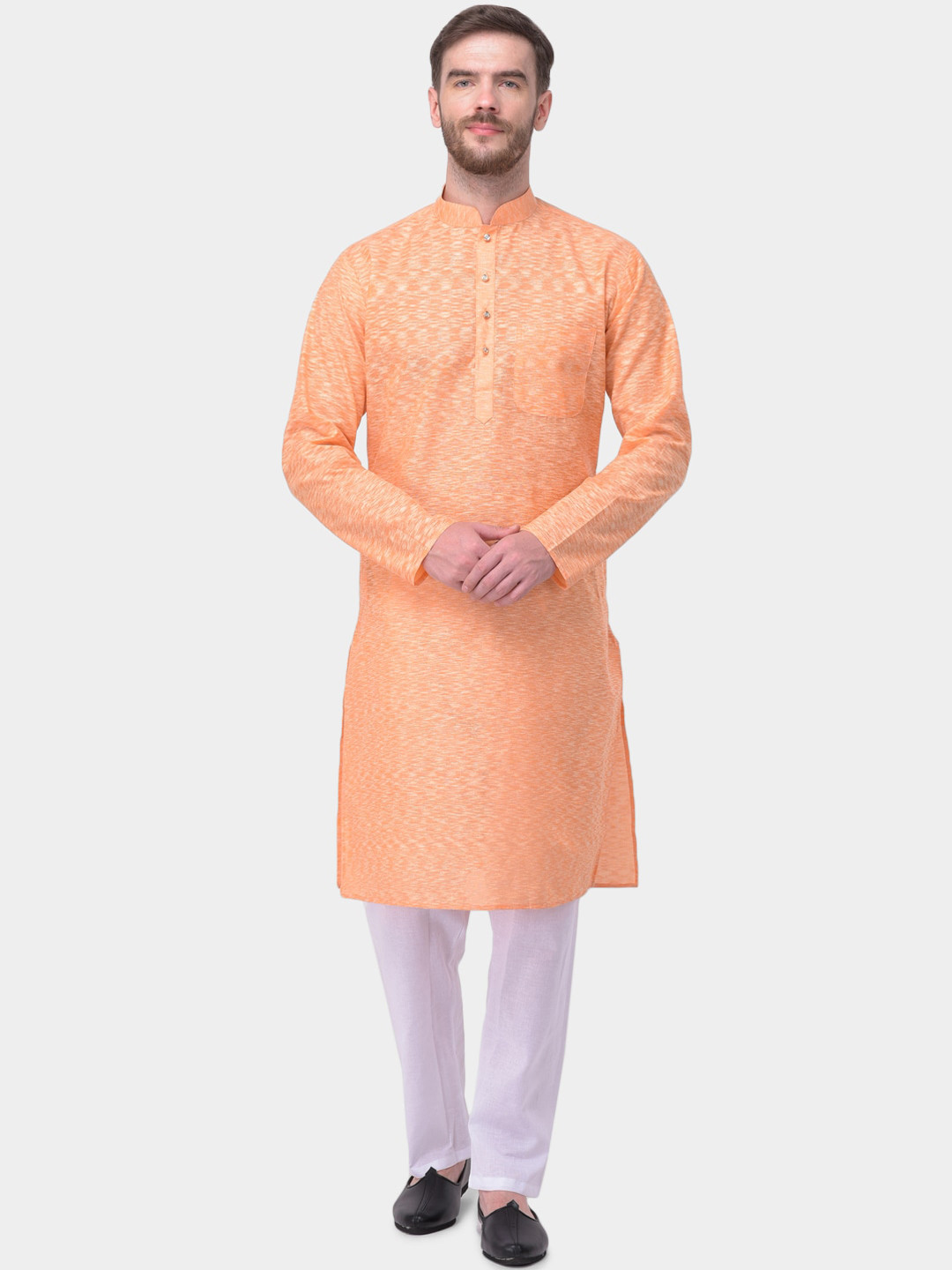 SG LEMAN Men Orange & White Woven Design Kurta with Pyjamas