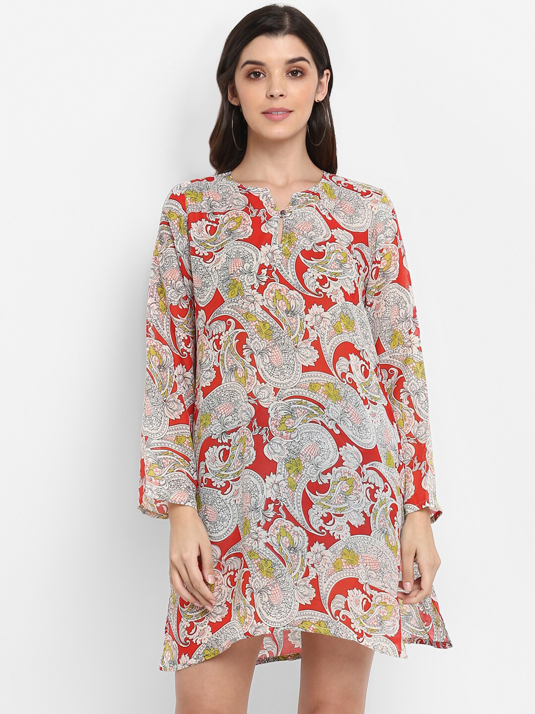 Aditi Wasan Red & Grey Floral Keyhole Neck A-Line Mini Dress