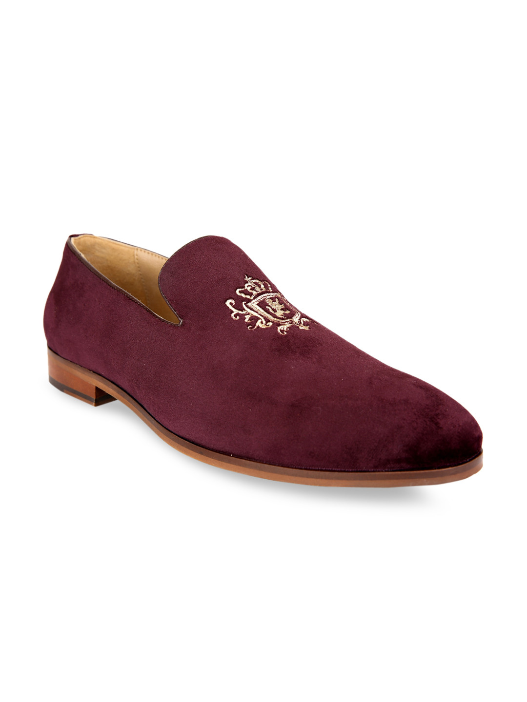 San Frissco Men Maroon & Gold-Coloured Velvet Loafers