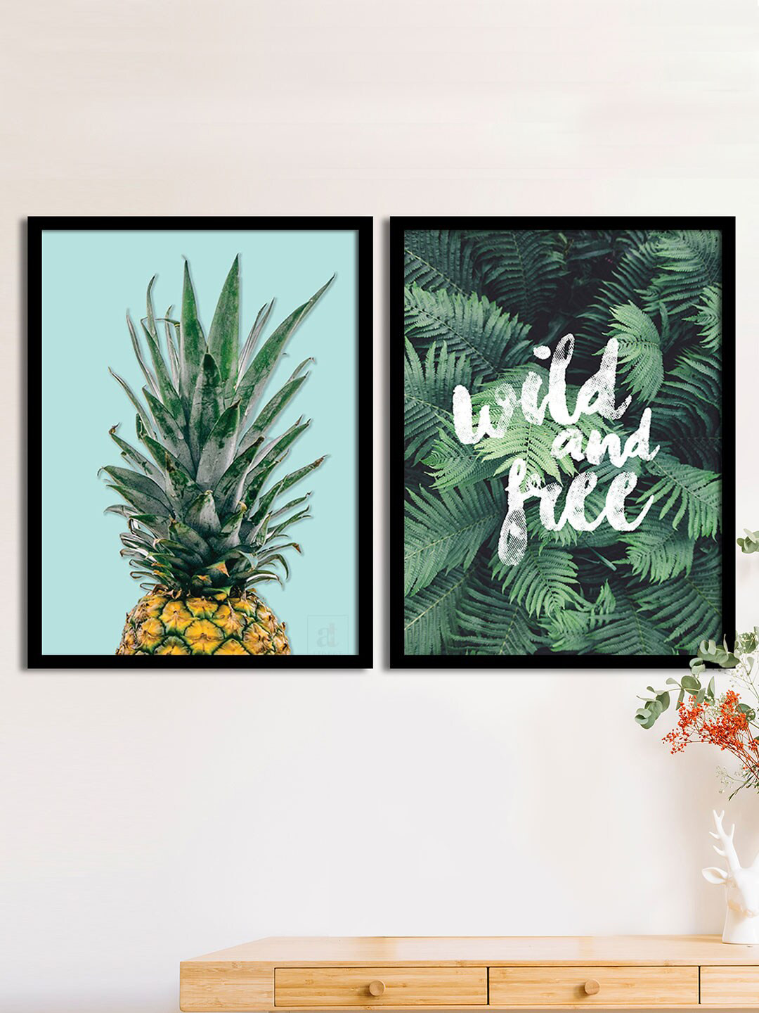 Art Street Set Of 2 Green & White Wild & Free Matte Printed Wall Arts