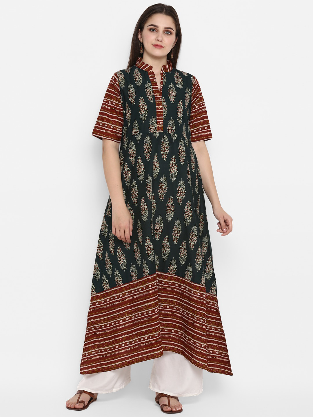 ZOEYAMS Women Green & Brown Printed Anarkali Kurta