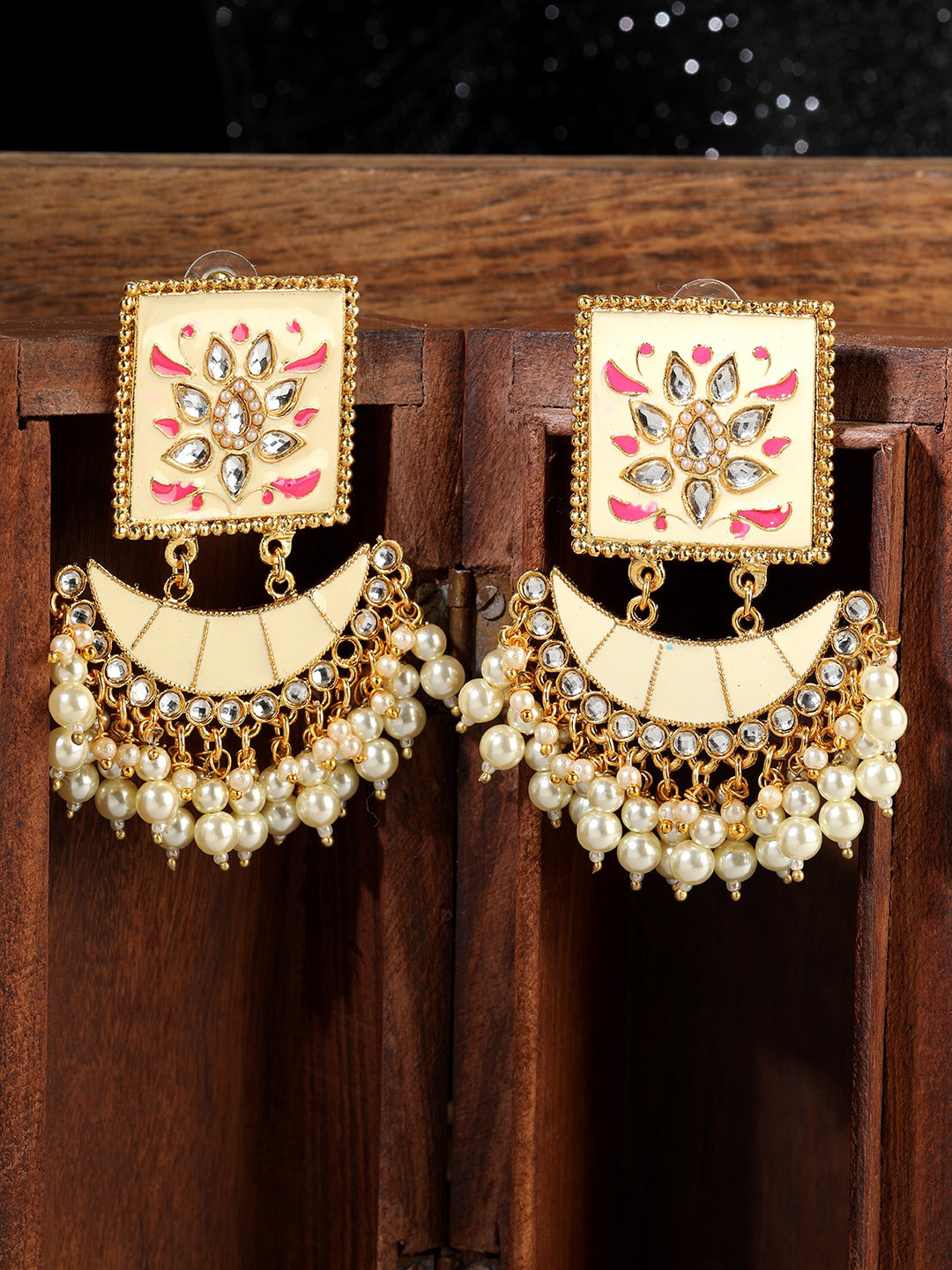 ANIKAS CREATION Gold & Off-White Traditional Square Jhula Type Meenakari Earring