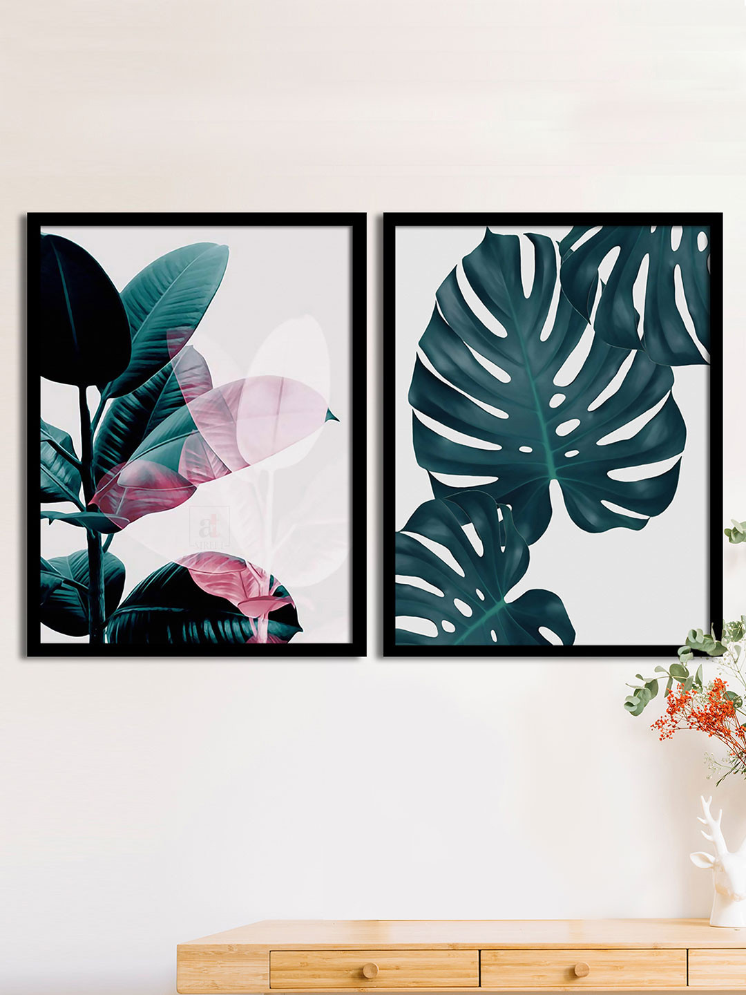 Art Street Set Of 2 White & Teal Green Plants Leafs Matte Printed Wall Arts