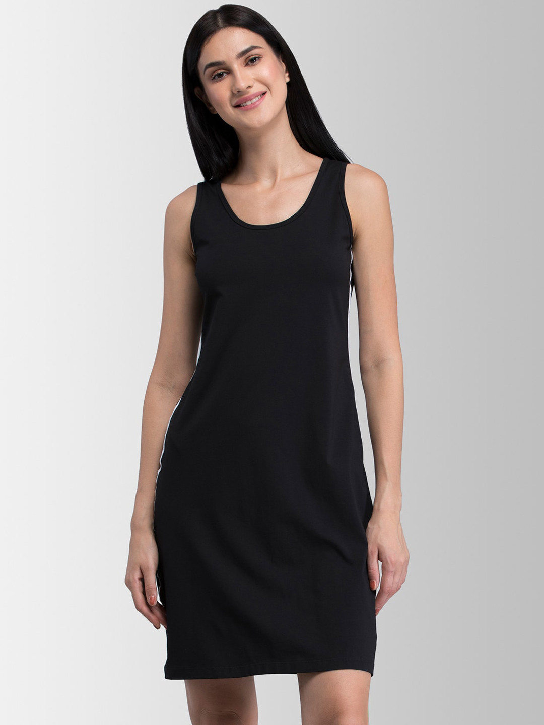 FABLE STREET Women Coral Pink Solid Scoop-Neck Shift Dress with Side Stripe Detail