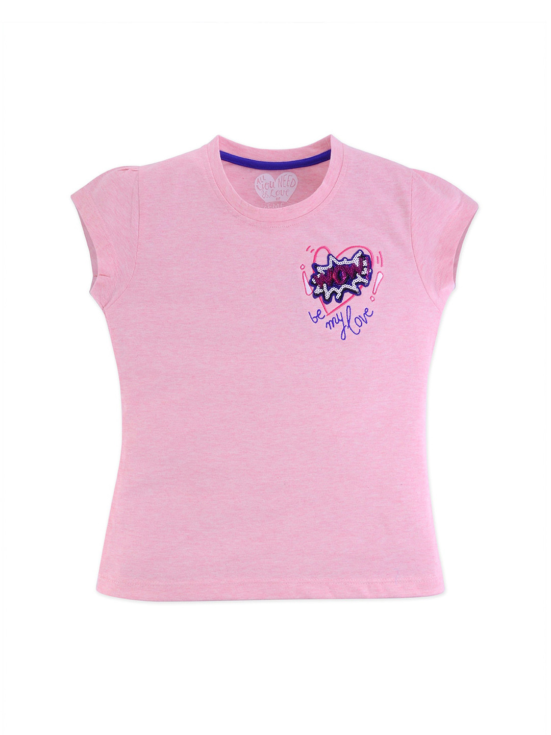 FEMEA Girls Pink Solid Pure Cotton Top with Sequence
