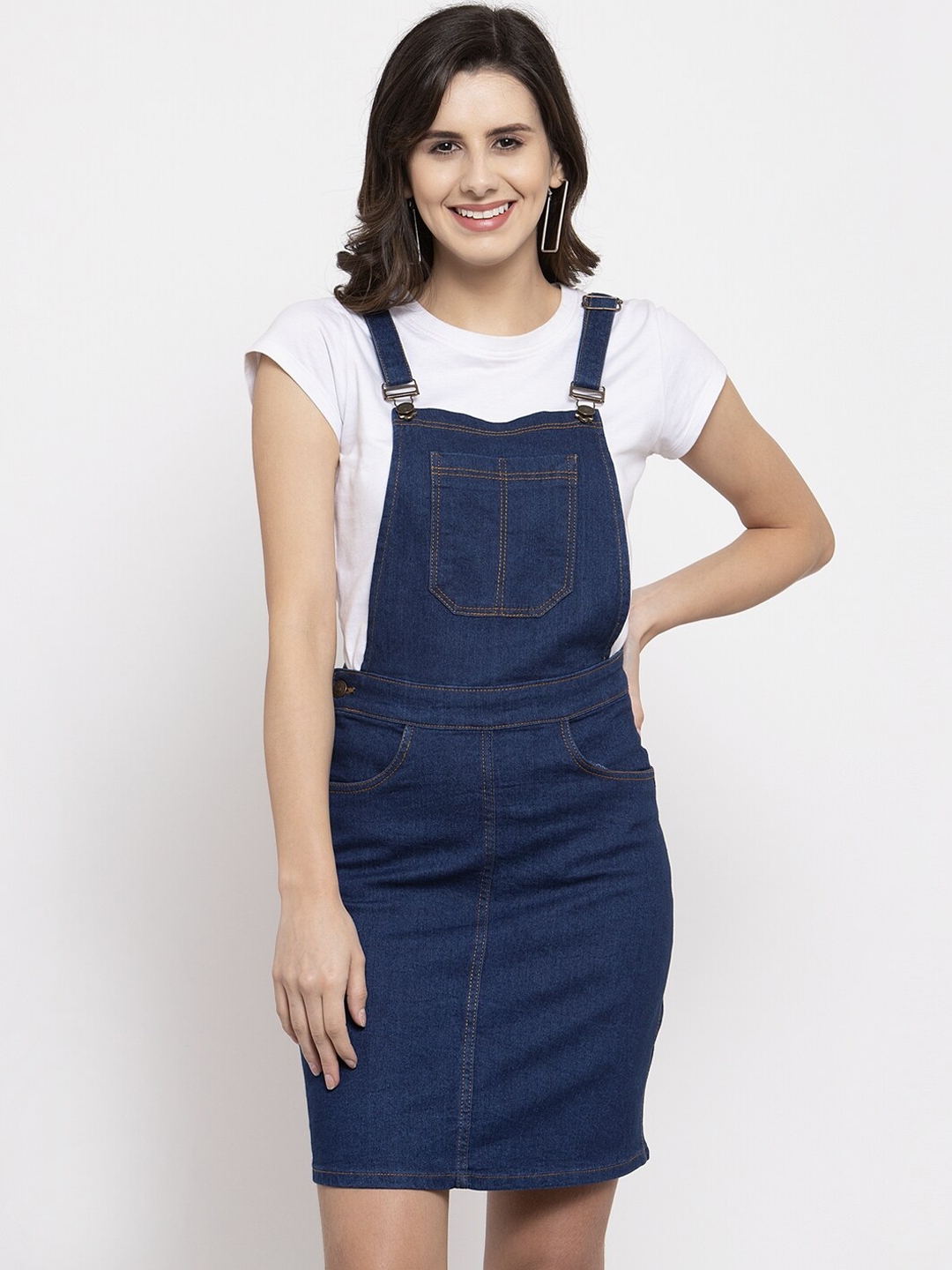 Buy KASSUALLY Women Navy Blue Solid Denim Pinafore Dress - Dresses for  Women 12402698