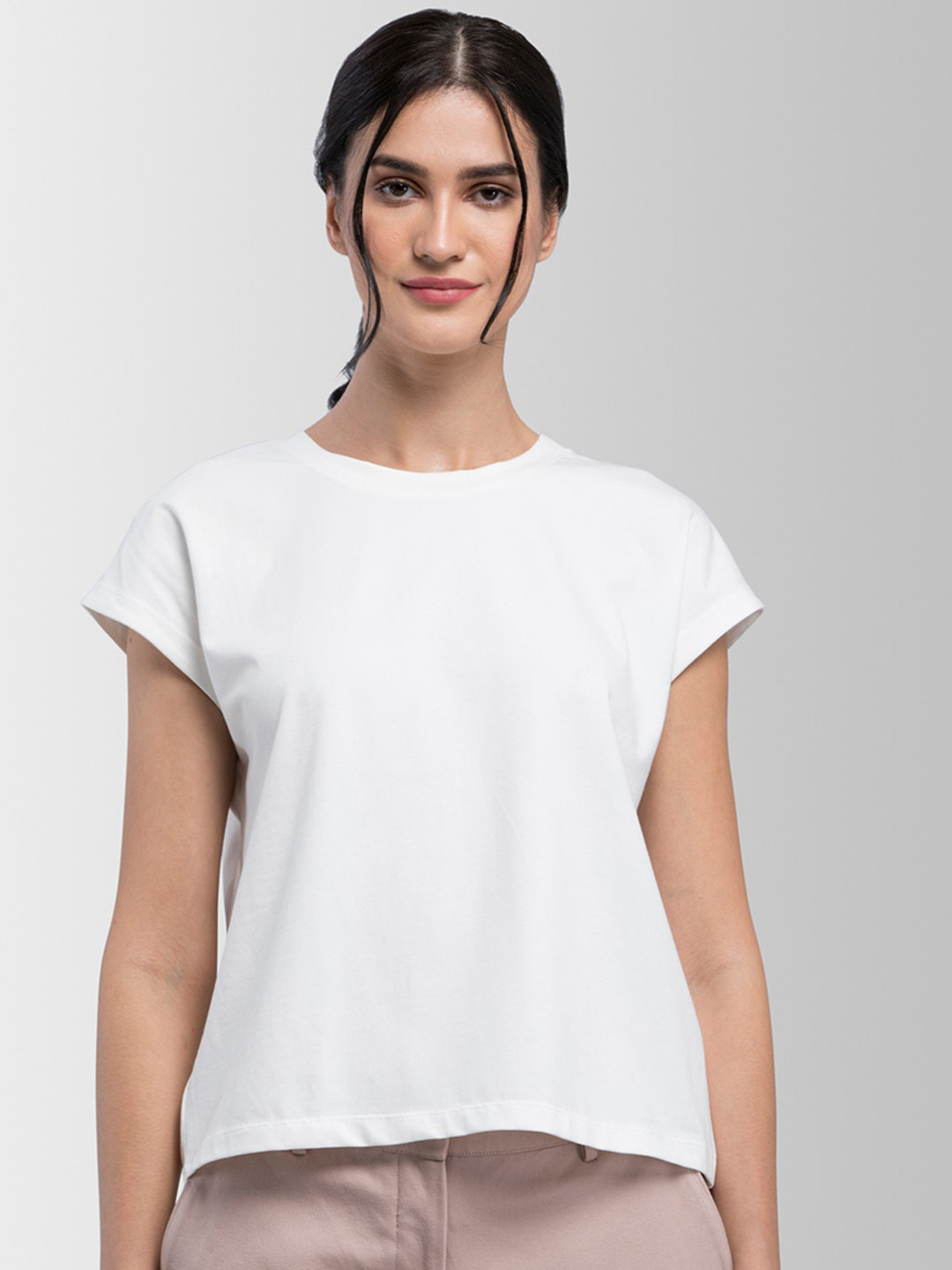 FABLE STREET Women White Solid Round Neck T-shirt