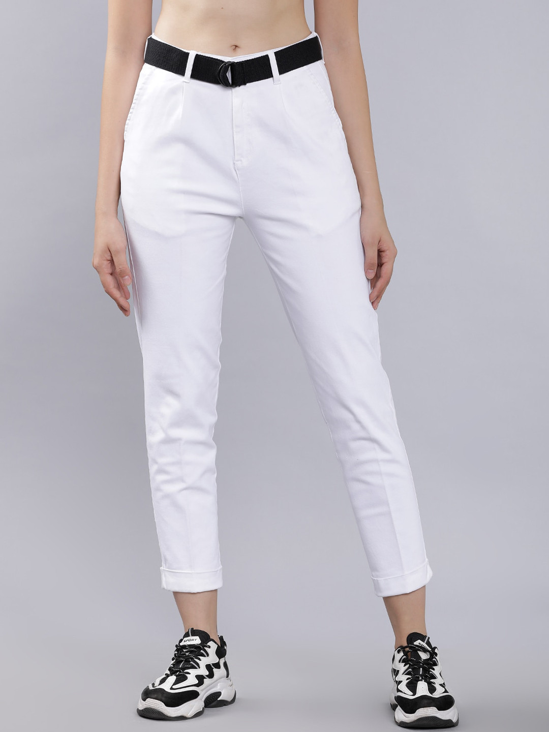 Tokyo Talkies Women White Regular Fit Solid Cigarette Trousers