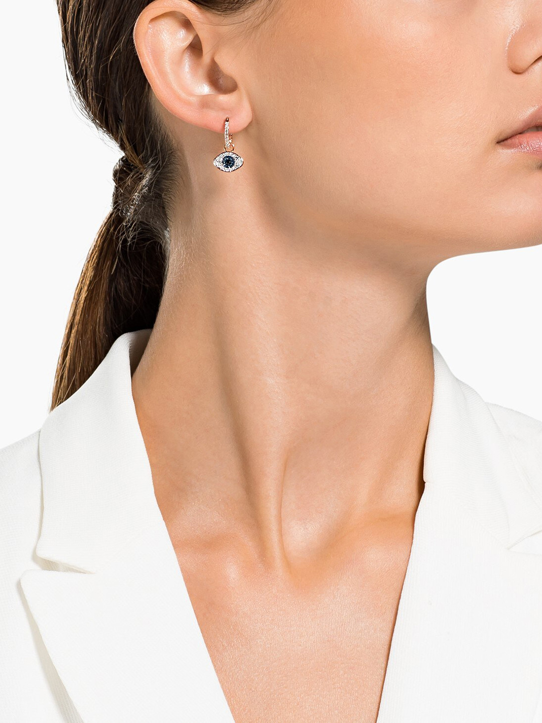 SWAROVSKI Blue Rose Gold Plated Symbolic Evil Eye Hoop Pierced Earrings