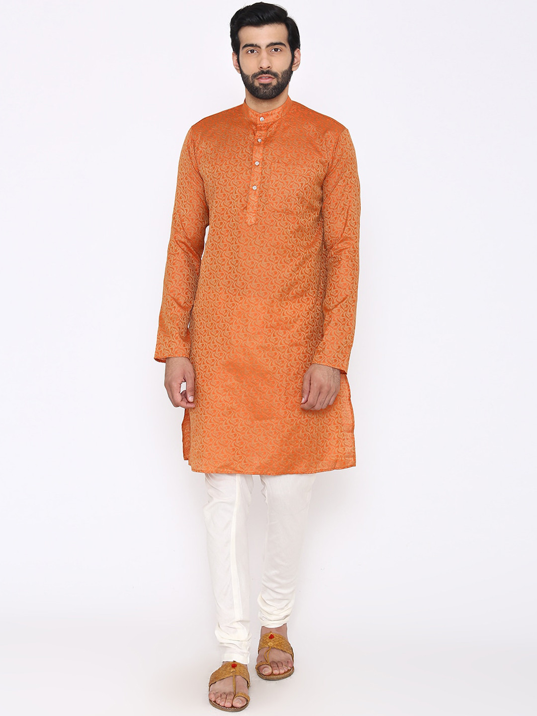 Wintage Men Orange & White Woven Design Kurta with Pyjamas