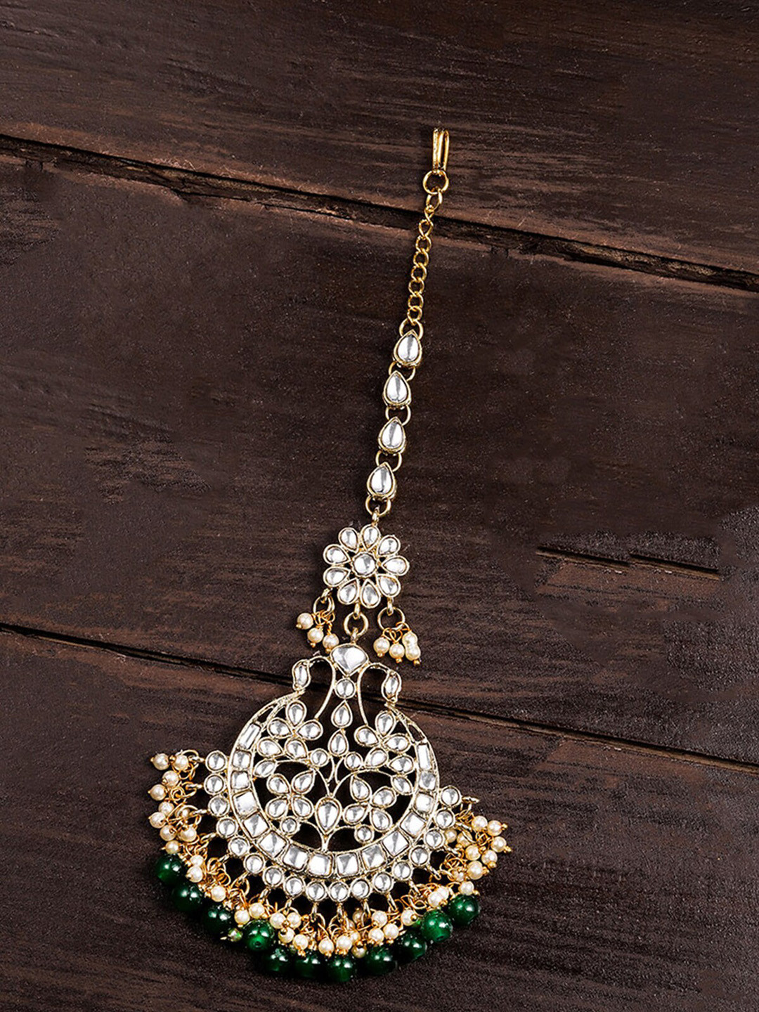 Zaveri Pearls Gold-Plated White & Green Kundan-Studded Beaded Maang Tikka