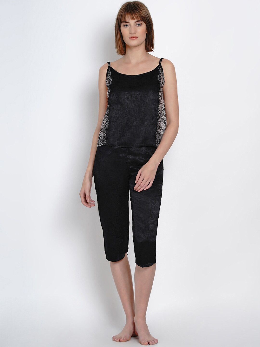 Aoba Women Black Solid Satin Night Suit