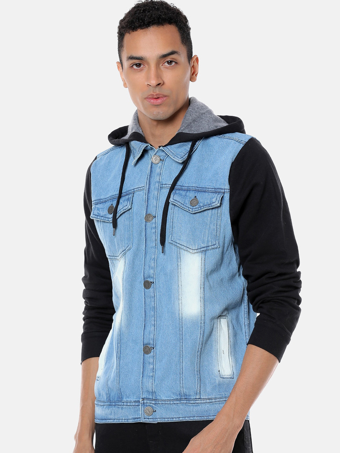 Campus Sutra Men Blue & Black Colourblocked Windcheater Denim Jacket
