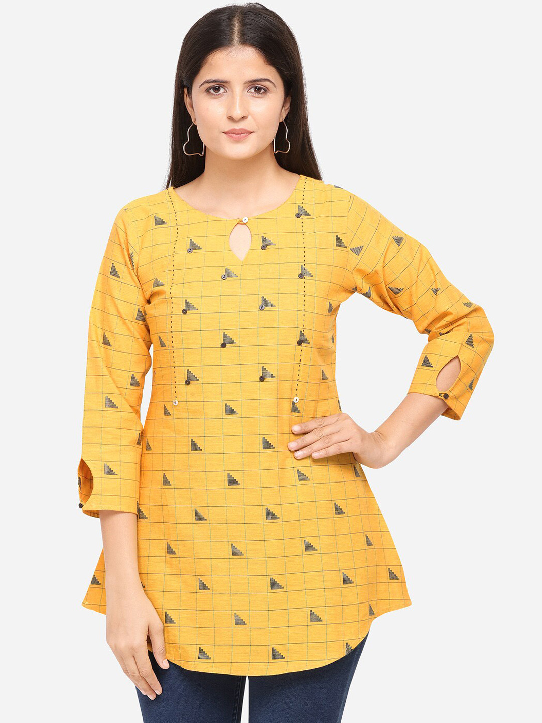 Kvsfab Women Yellow & Brown Checked Tunic